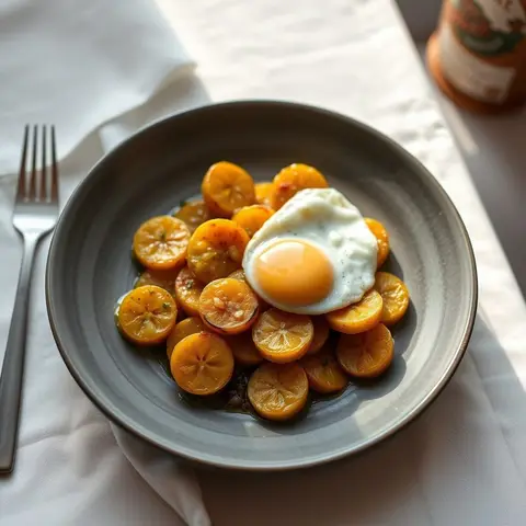 Plantain and eggs. AI-generated photo.