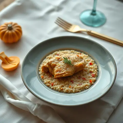 Chicken harissa porridge. AI-generated photo.