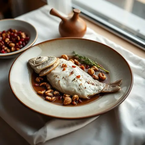 Walnut stuffed fish. AI-generated photo.