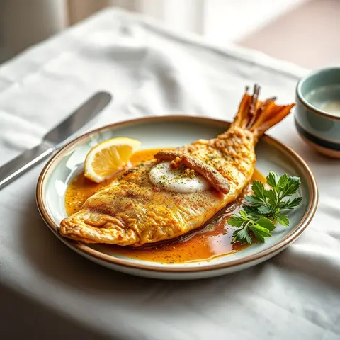 Spiced fried fish. AI-generated photo.