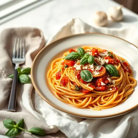 Basil Tomato Linguine. AI-generated photo.
