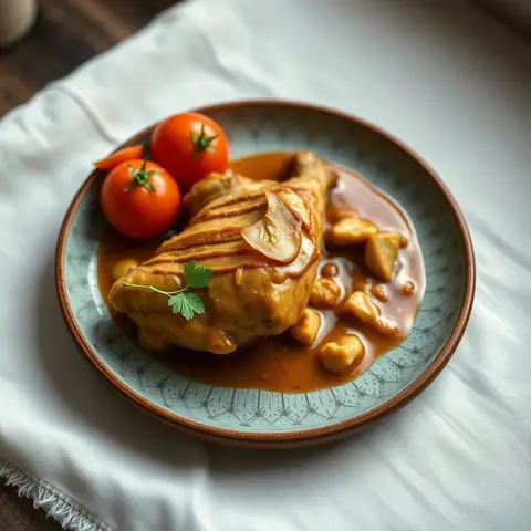 Peanut sauce with chicken. AI-generated photo.