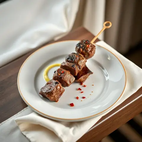 Grilled beef brochettes. AI-generated photo.