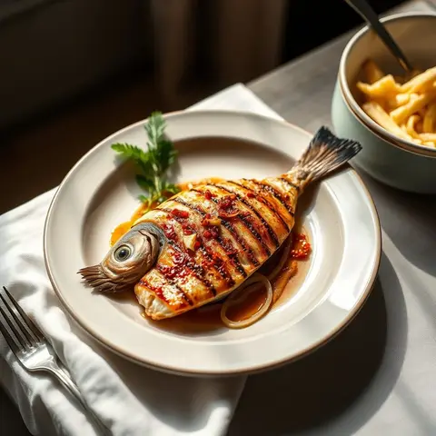 Grilled fish. AI-generated photo.