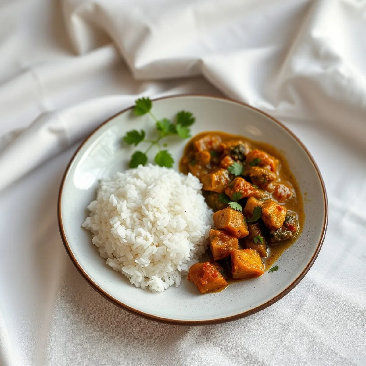 AI-generated photo Rice beside the stew. AI-generated photo.