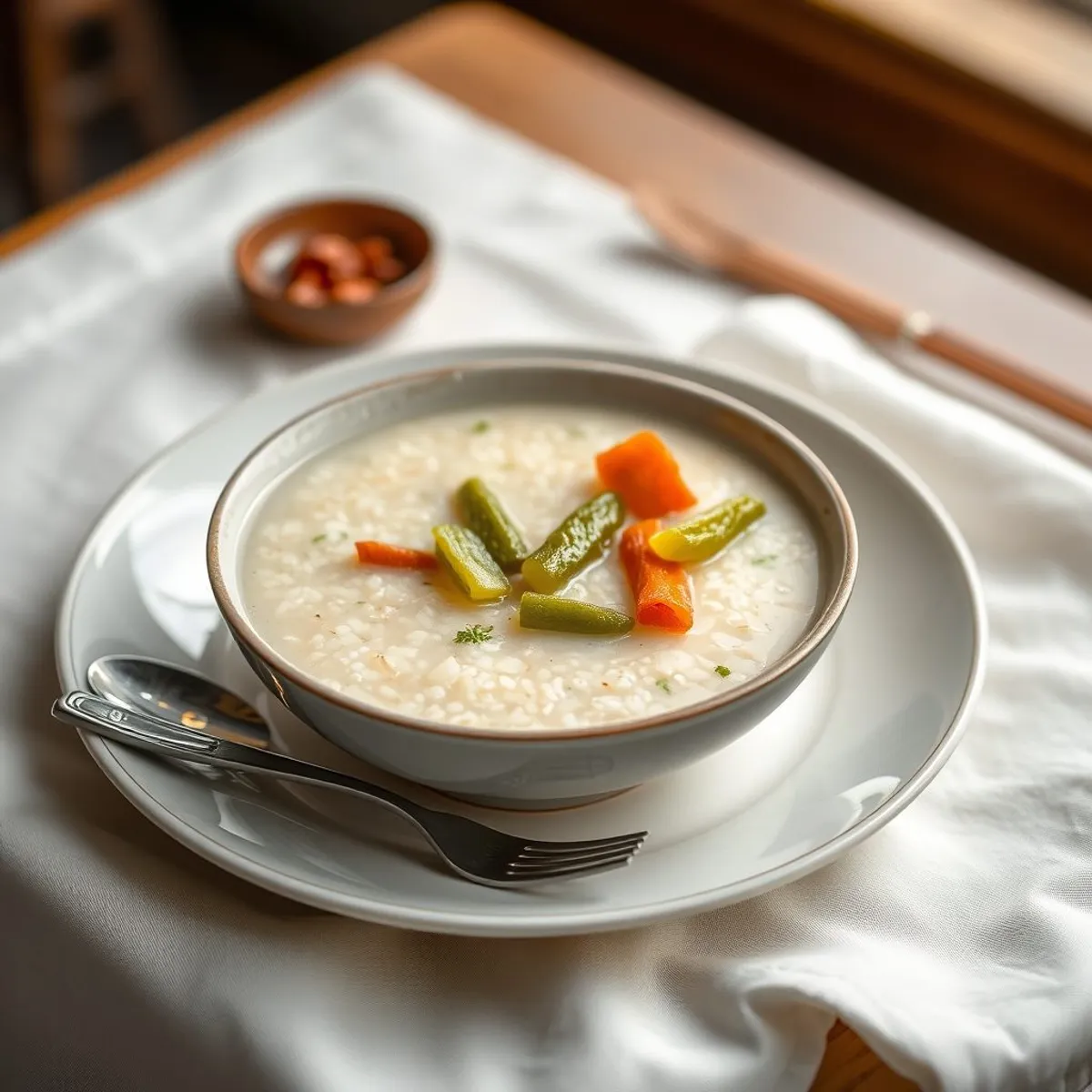 AI-generated photo Millet congee with pickles. AI-generated photo.