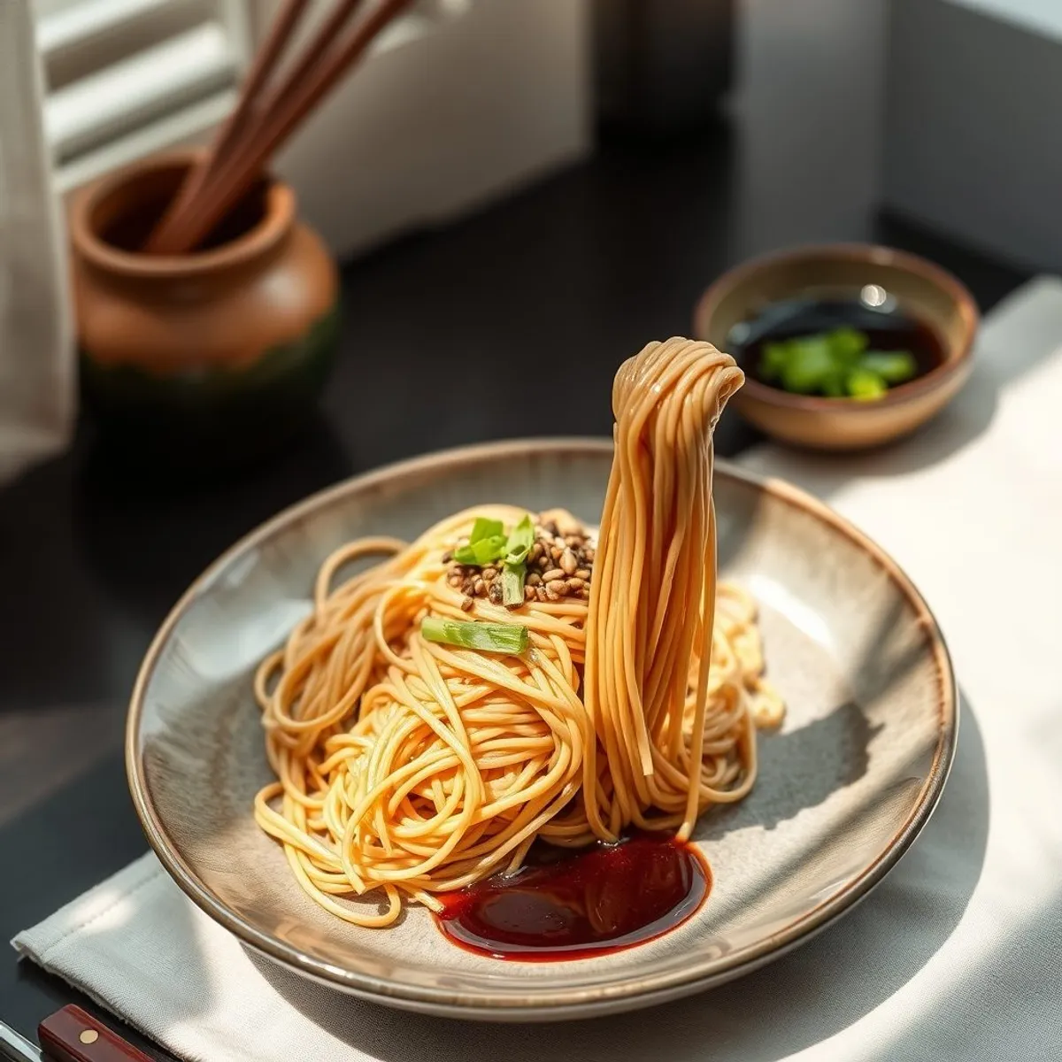 AI-generated photo Sesame wheat noodles. AI-generated photo.