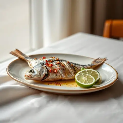 Lime grilled fish. AI-generated photo.