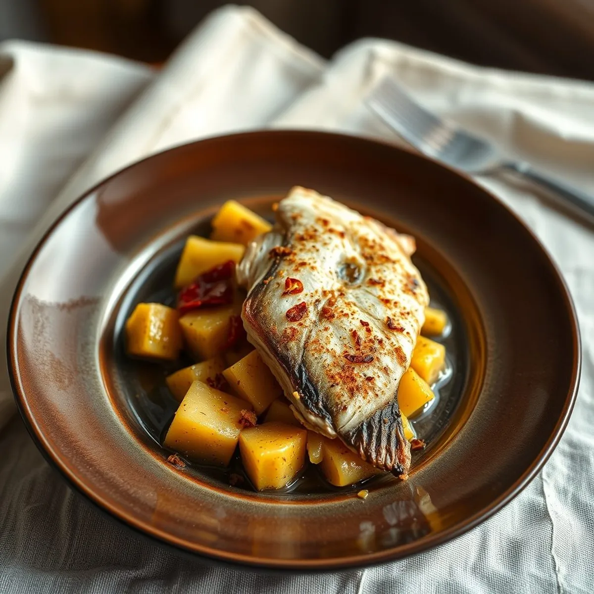 AI-generated photo Cassava and grilled fish. AI-generated photo.