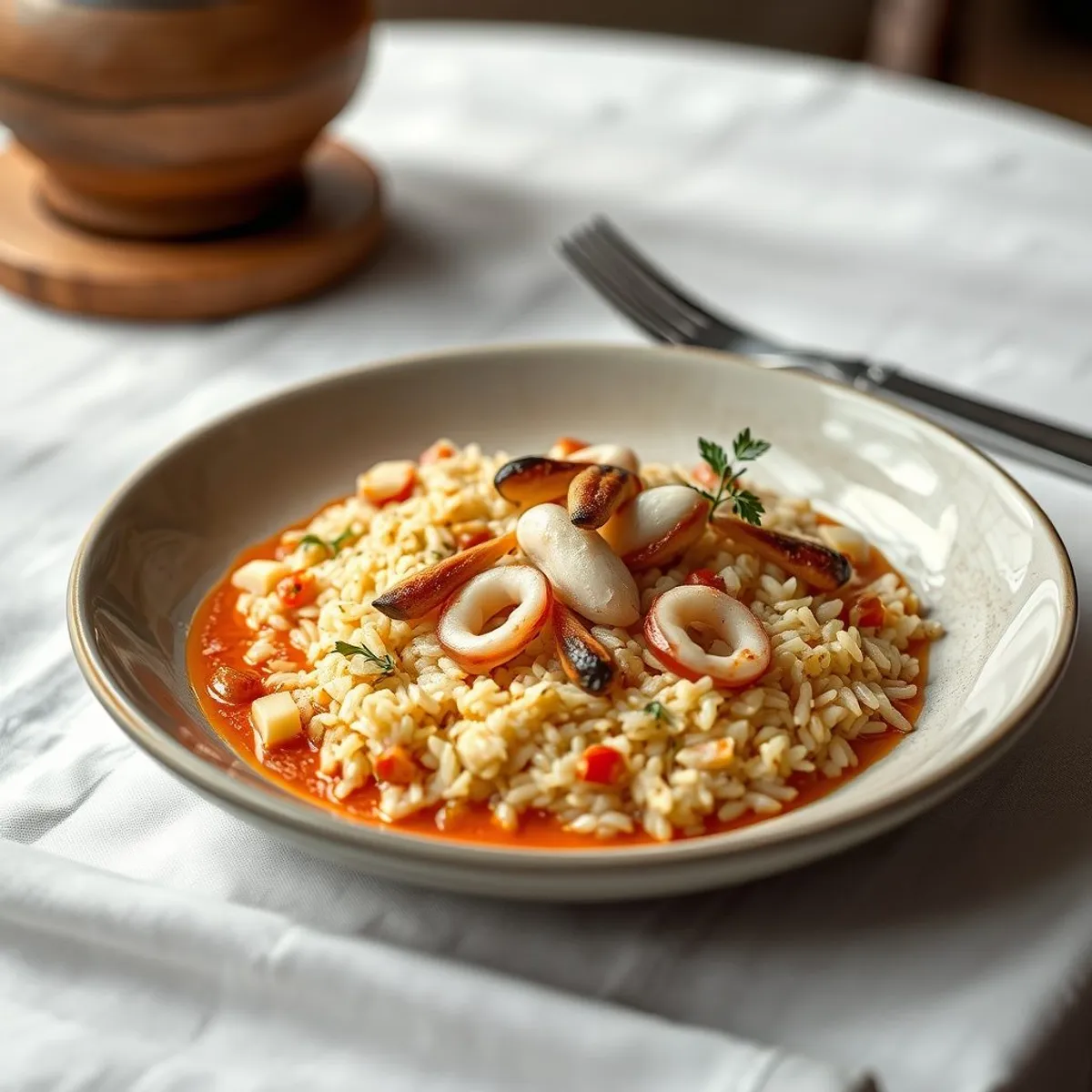 AI-generated photo Squid risotto. AI-generated photo.