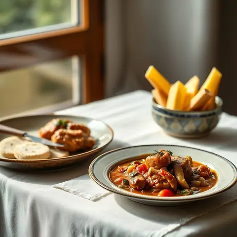 Moambé · chicken peanut stew. AI-generated photo.