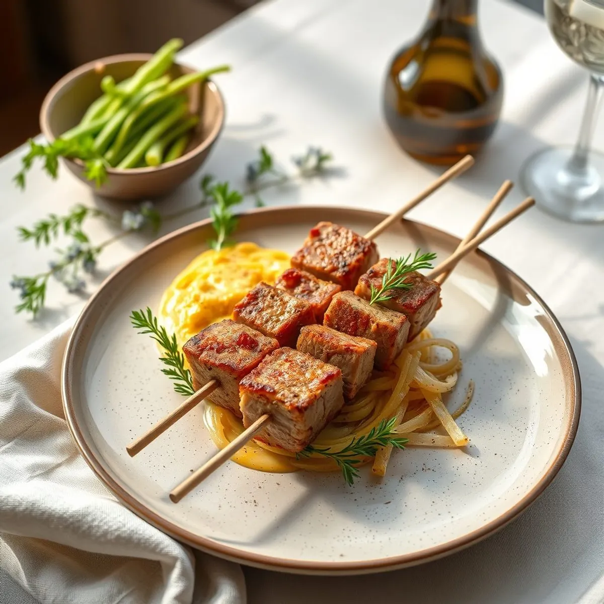 AI-generated photo Mtsvadi pork skewers. AI-generated photo.