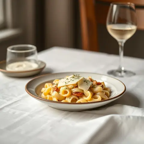 Spaetzle with cheese. AI-generated photo.