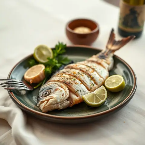 Grilled fish. AI-generated photo.