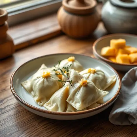 Potato pierogi. AI-generated photo.