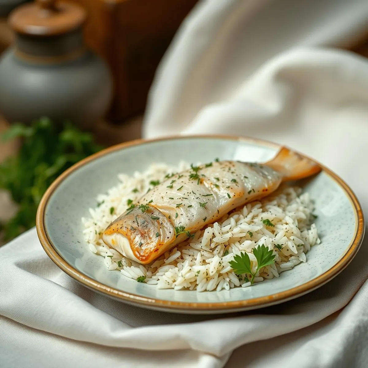 AI-generated photo Herb rice with fish. AI-generated photo.