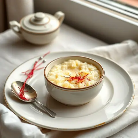 Saffron rice pudding. AI-generated photo.