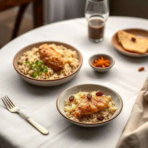 Saffron chicken rice. AI-generated photo.