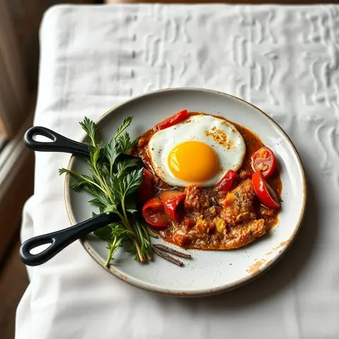 Skillet shakshuka. AI-generated photo.