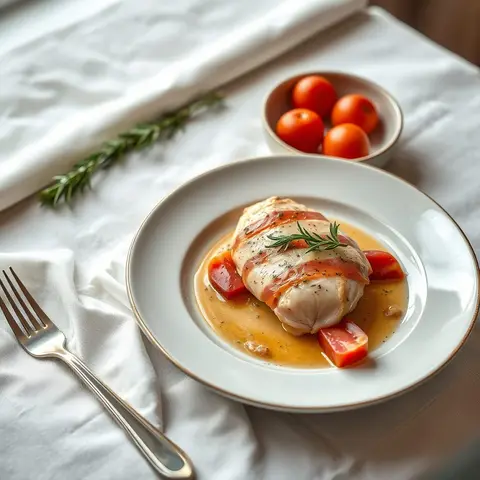 Chicken saltimbocca. AI-generated photo.