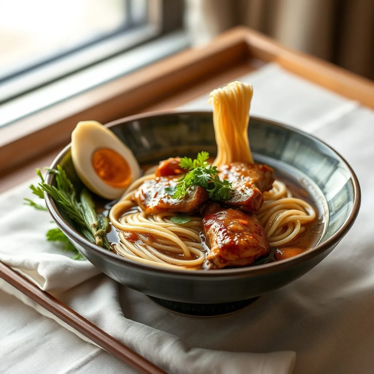 AI-generated photo Shoyu chicken ramen. AI-generated photo.
