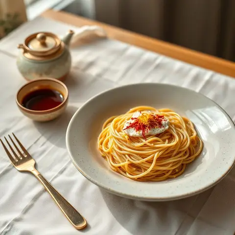 Sweet noodle breakfast. AI-generated photo.
