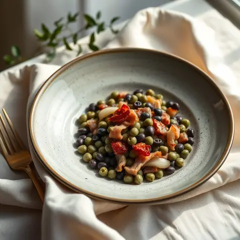 Grey peas and bacon. AI-generated photo.