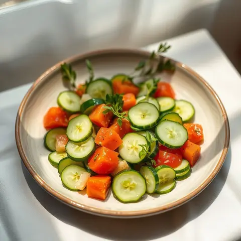 Olive-free cucumber salad. AI-generated photo.