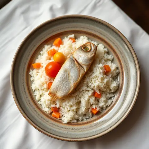 Rice and fish. AI-generated photo.