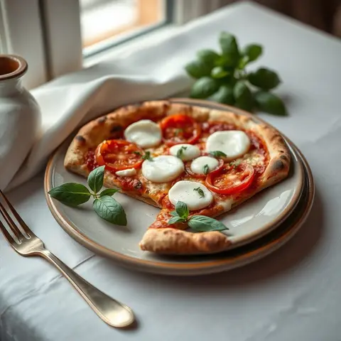 Mozzarella tomato pizza. AI-generated photo.