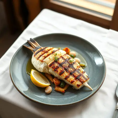 Grilled fish. AI-generated photo.