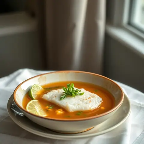 Ginger fish soup. AI-generated photo.