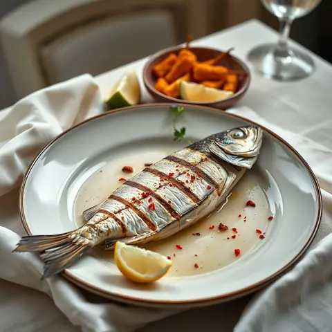 Grilled fish. AI-generated photo.