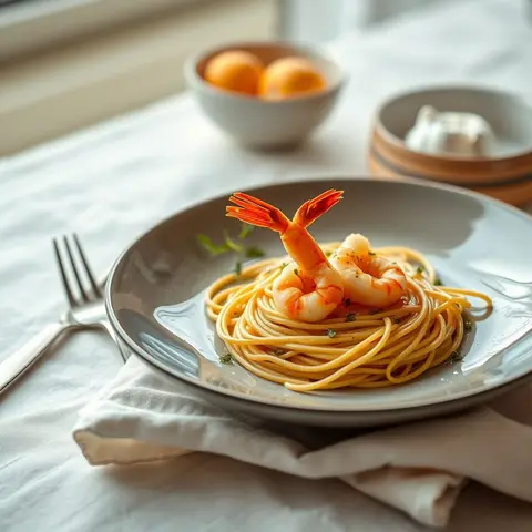 Shrimp spaghetti. AI-generated photo.