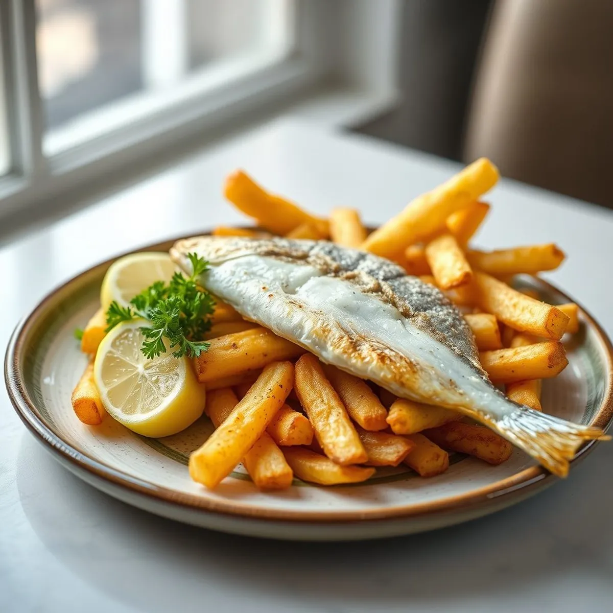 AI-generated photo Barramundi and chips. AI-generated photo.