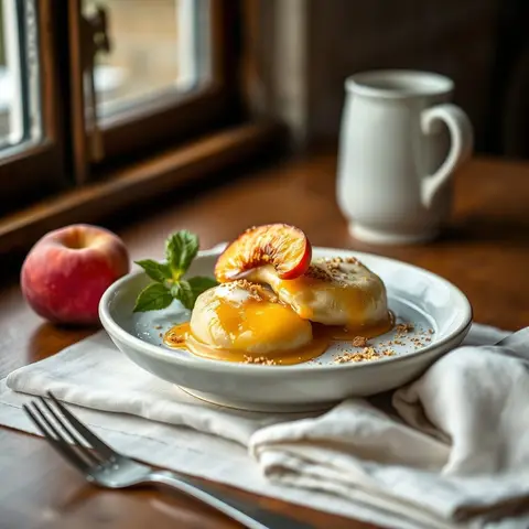 Peach dumplings. AI-generated photo.