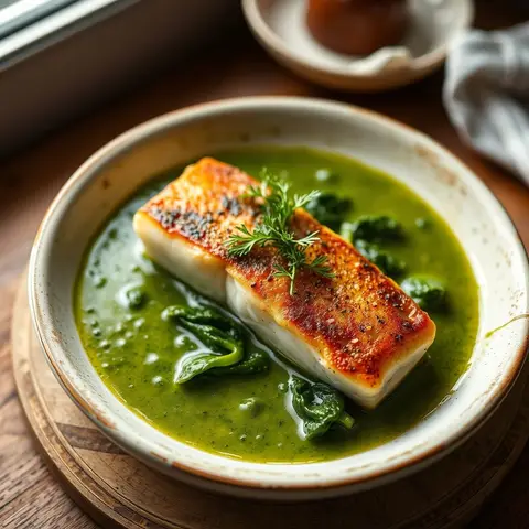 Fish in green sauce. AI-generated photo.