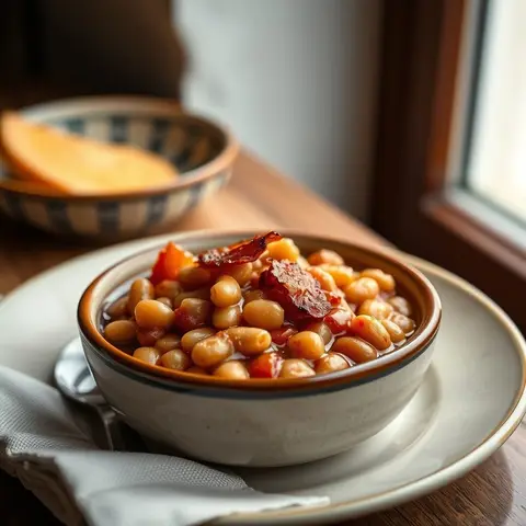 Maple baked beans. AI-generated photo.
