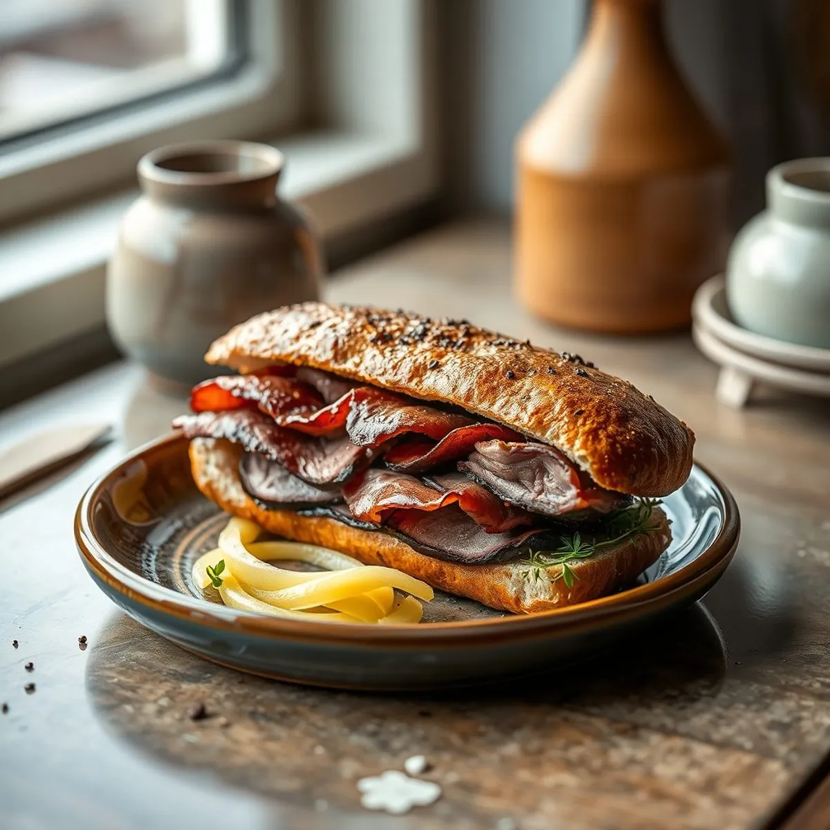 AI-generated photo Smoked meat sandwich. AI-generated photo.