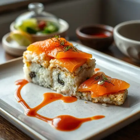 Sushi pizza. AI-generated photo.