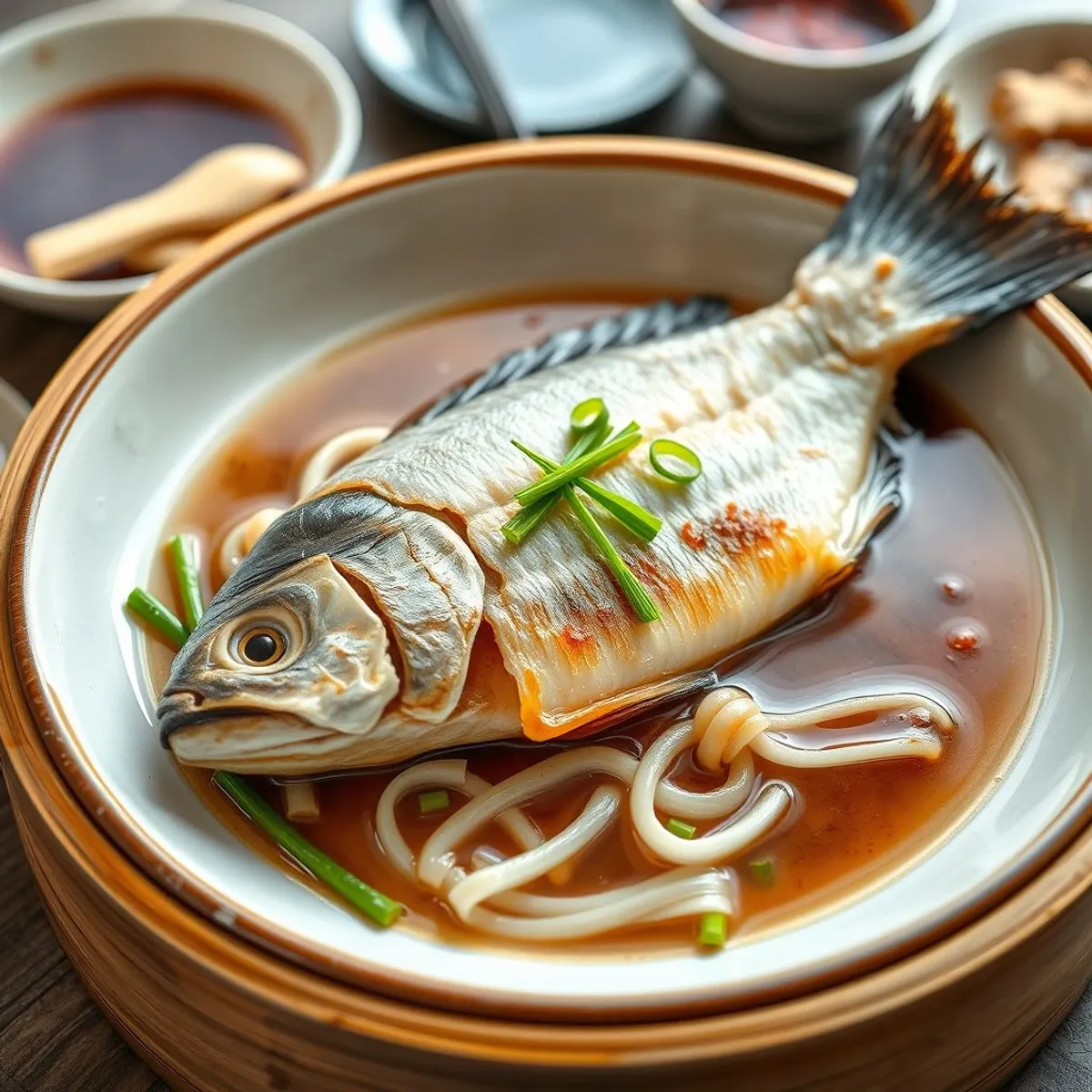 AI-generated photo Steamed whole fish. AI-generated photo.