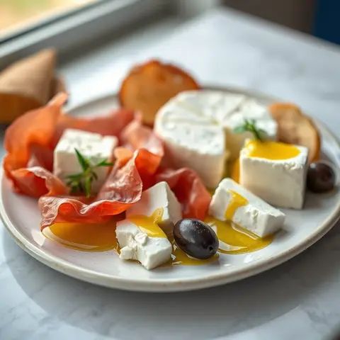 Sheep cheese plate. AI-generated photo.