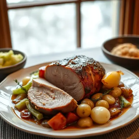 Roast pork. AI-generated photo.