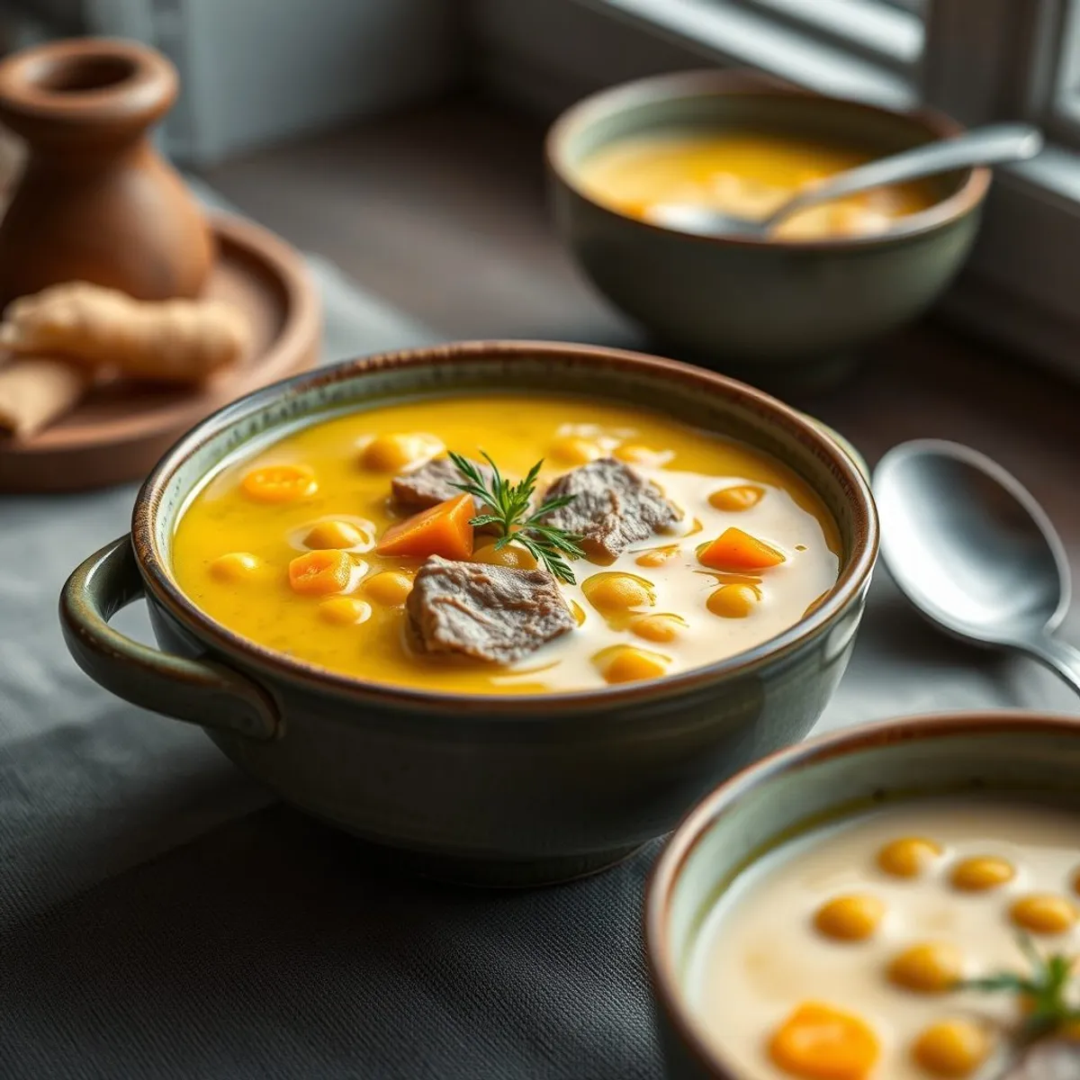 AI-generated photo Yellow pea soup. AI-generated photo.