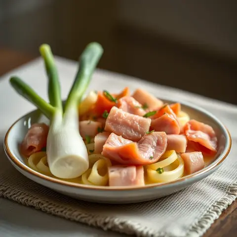 Leeks and ham. AI-generated photo.