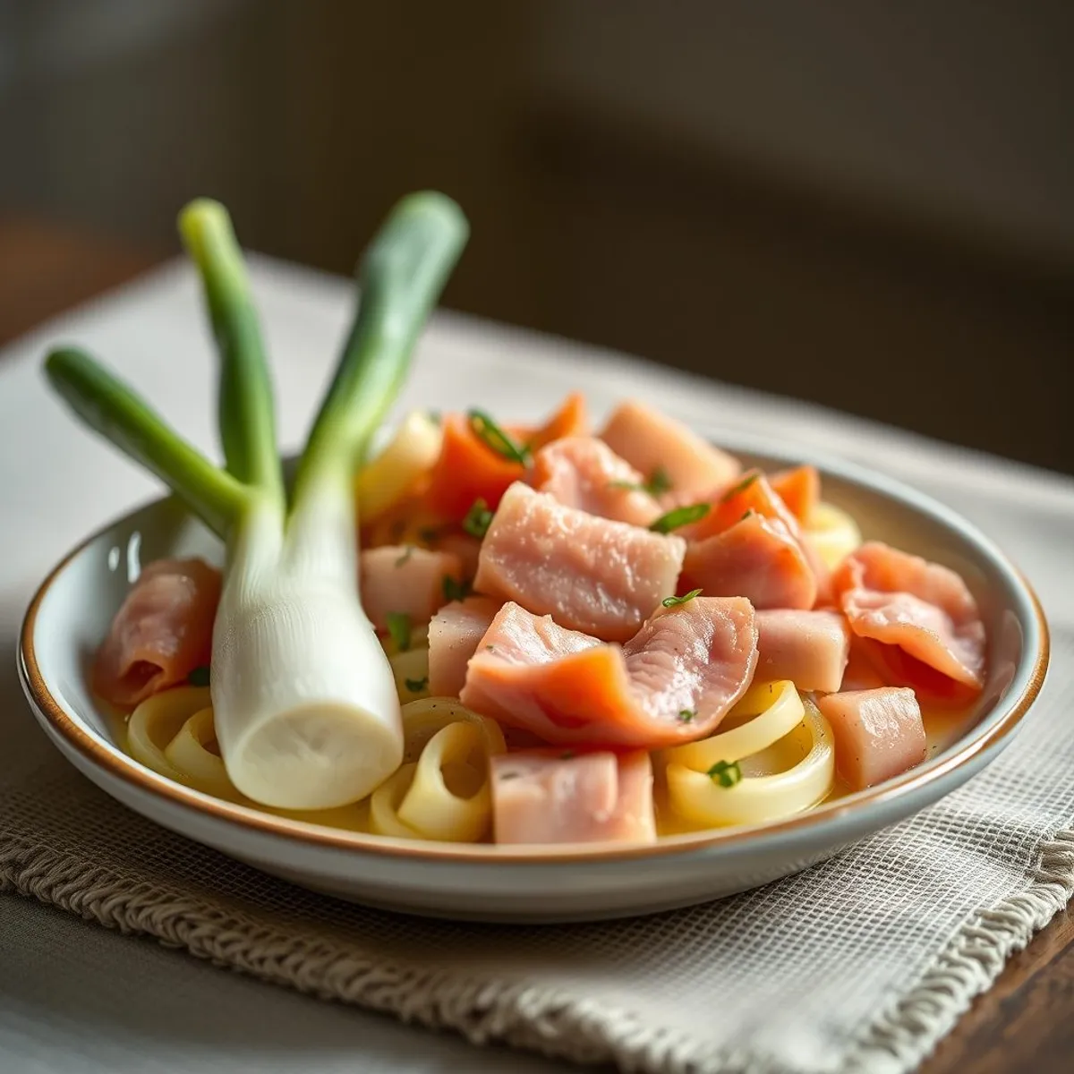 AI-generated photo Leeks and ham. AI-generated photo.