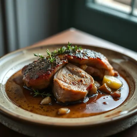 Thyme garlic duck. AI-generated photo.