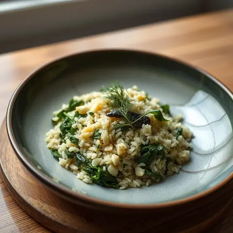 Spinach rice. AI-generated photo.