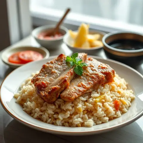 Baked pork chop rice. AI-generated photo.