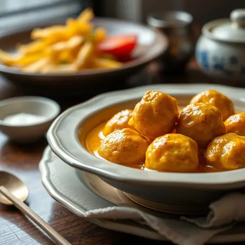 Curry fish balls. AI-generated photo.